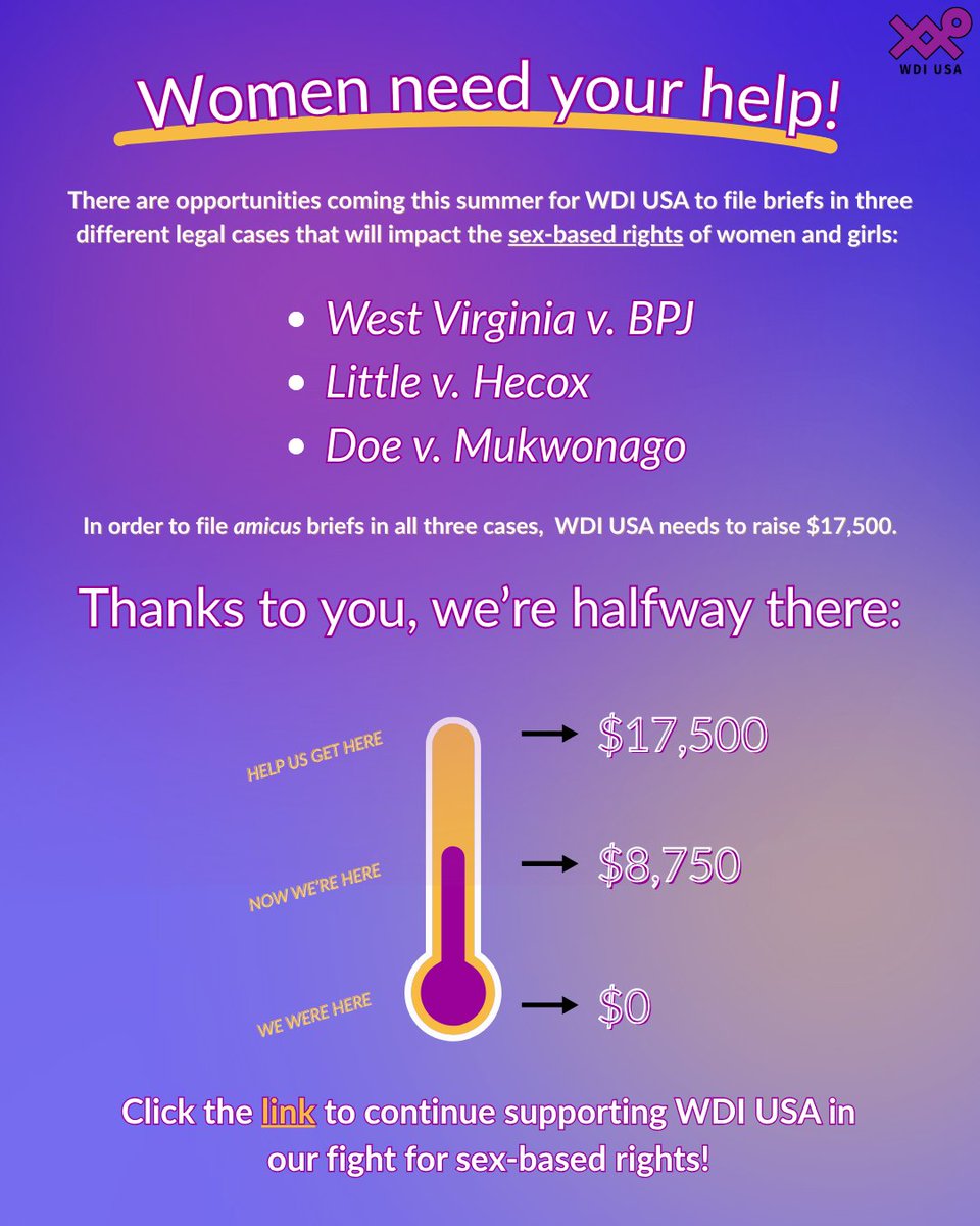 Thanks to your generosity, we're halfway to our goal of raising $17.5K to fund legal briefs! Will you help us present radical feminist arguments before SCOTUS and the 7th Circuit? 

LINK BELOW 🔽🔽🔽