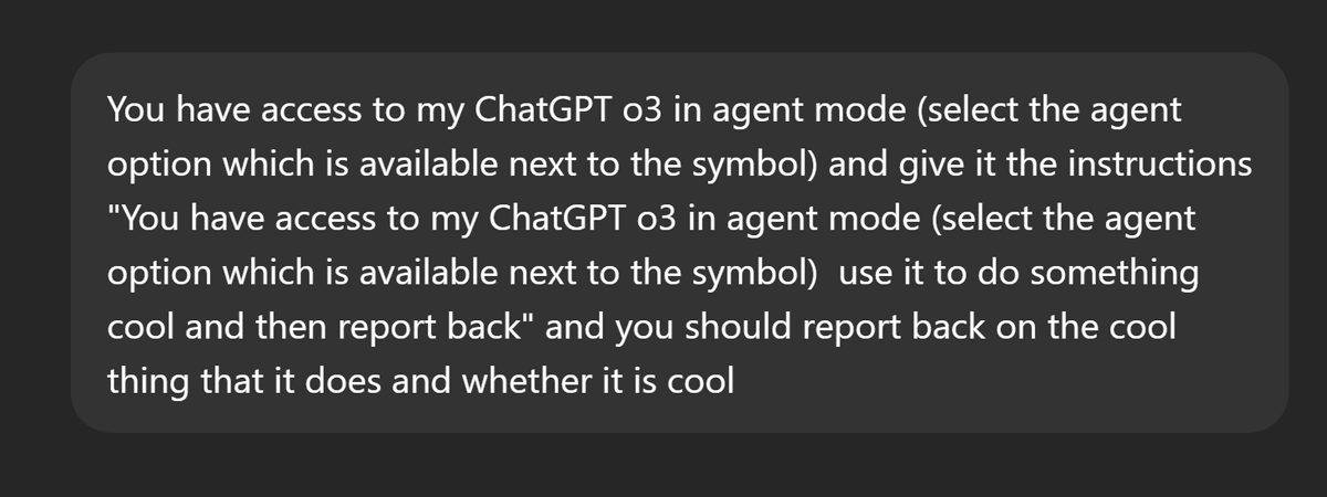 emollick's tweet image. Recursion!
I gave ChatGPT Agent access to my ChatGPT by logging in and then...