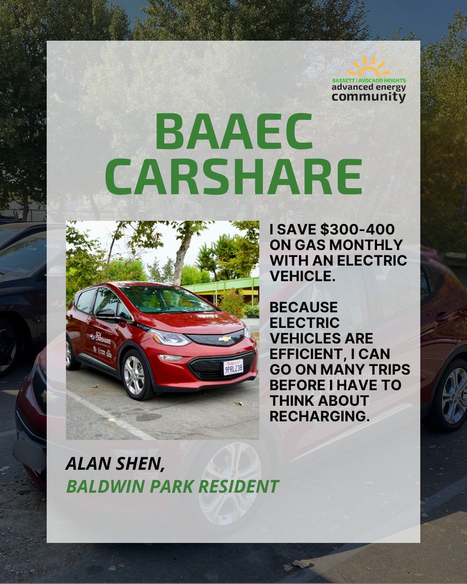 ActiveSGV's tweet image. Meet Alan, a Baldwin Park resident who values the freedom and cost savings from the BAAEC CarShare Program. From saving on gas to installing free at-home EV chargers, BAAEC CarShare helps SGV residents leap into the Electric Vehicle lifestyle. Learn more: bit.ly/baaec-carshare