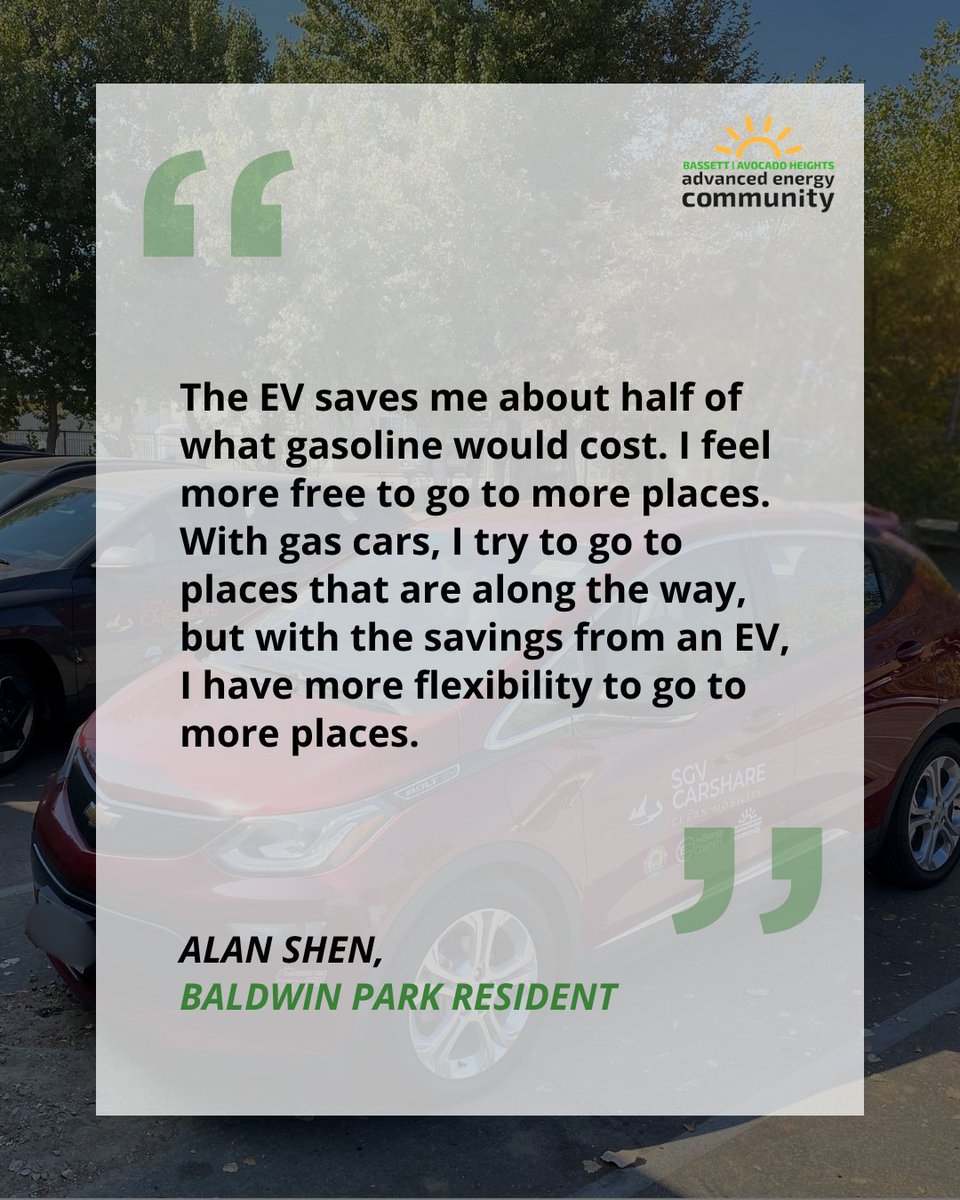 ActiveSGV's tweet image. Meet Alan, a Baldwin Park resident who values the freedom and cost savings from the BAAEC CarShare Program. From saving on gas to installing free at-home EV chargers, BAAEC CarShare helps SGV residents leap into the Electric Vehicle lifestyle. Learn more: bit.ly/baaec-carshare