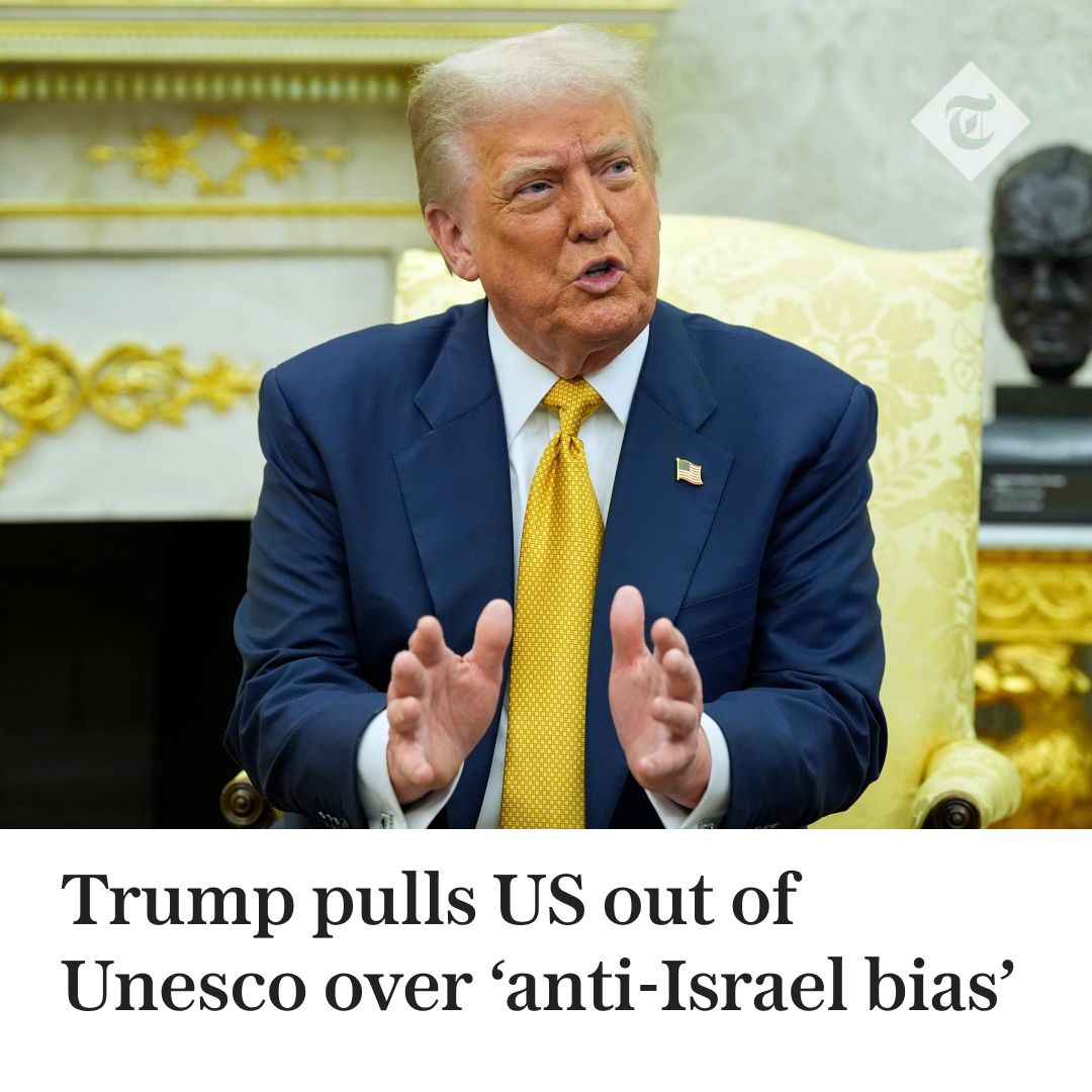 Telegraph's tweet image. 🇺🇸 Donald Trump is pulling the US out of the United Nations Educational, Scientific and Cultural Organisation (Unesco) over its “anti-Israel bias”
Read more here 👇
telegraph.co.uk/us/news/2025/0…