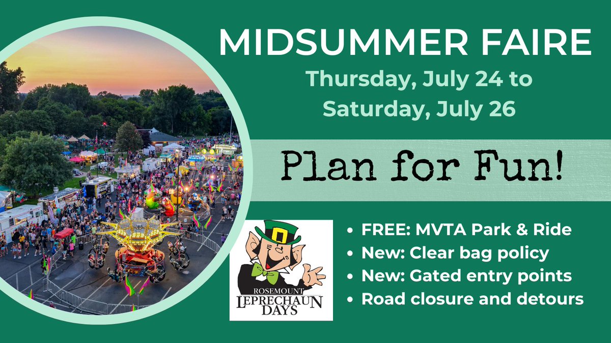 Get ready for Midsummer Faire! 🚍 Use Shamrock Shuttle, 👛 clear bag policy, 🚧 check for closures: ow.ly/A7G750WtHhY