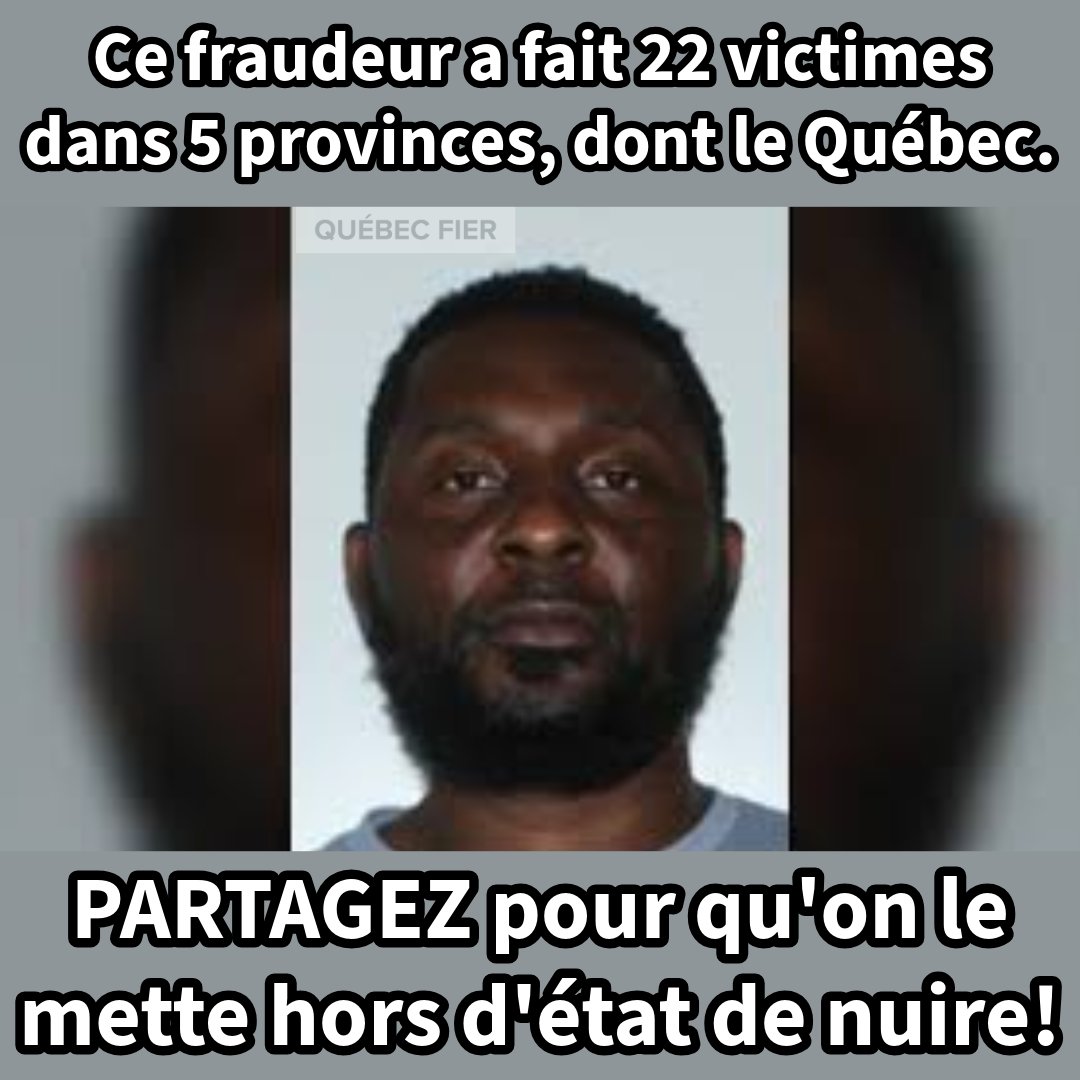 QuebecFier's tweet image. 🚨 FRAUDE INTERPROVINCIALE – SUSPECT TOUJOURS EN FUITE 🚨
Trésor N’Kumbu Luyeye, 42 ans, basé à Mascouche, est recherché par la Sûreté du Québec pour 26 fraudes totalisant plus de 3,3 M$ dans cinq provinces, dont le Québec, le Nouveau-Brunswick et l'Ontario.
Le réseau ciblait…