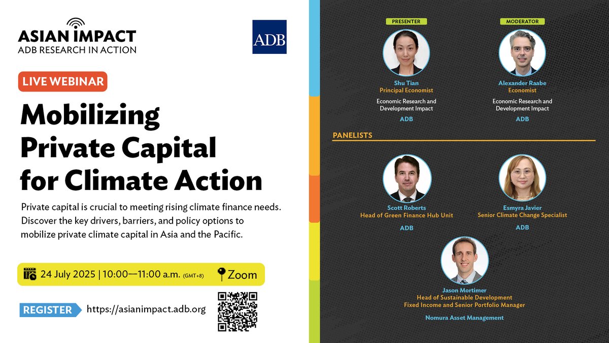 ADBChiefEcon's tweet image. Private capital is crucial to meeting rising climate finance needs.

In the next #AsianImpact webinar, discover the key drivers, barriers, and policy options to mobilize private climate capital in Asia and the Pacific.

🗓️ 24 July | 10:00a.m. (GMT+8)
📍Zoom

REGISTER ⬇️…