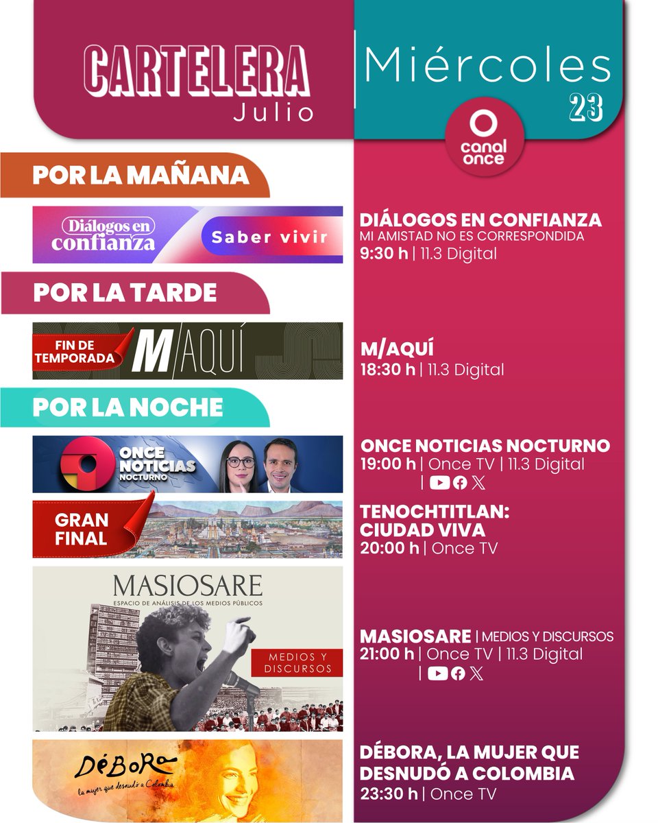 Canal Once (@canaloncetv) on Twitter photo En #Masiosare, la mesa de #MediosYDiscursos te espera con el análisis de <a href="/KurtHackbarth/">Kurt Hackbarth 🌹</a>, <a href="/violetavr/">Violeta Vázquez-Rojas</a>, <a href="/nancy_contra/">Nancy Flores 🇵🇸</a> y <a href="/DanyBarraganG/">Daniela Barragán García 🍉</a> sobre los temas que mueven la agenda nacional e internacional 👥⛪
¡No te lo pierdas! ✨
🕣 Hoy a las 21:00 h.
📺 En #CanalOnce y sus redes En #Masiosare, la mesa de #MediosYDiscursos te espera con el análisis de <a href="/KurtHackbarth/">Kurt Hackbarth 🌹</a>, <a href="/violetavr/">Violeta Vázquez-Rojas</a>, <a href="/nancy_contra/">Nancy Flores 🇵🇸</a> y <a href="/DanyBarraganG/">Daniela Barragán García 🍉</a> sobre los temas que mueven la agenda nacional e internacional 👥⛪
¡No te lo pierdas! ✨
🕣 Hoy a las 21:00 h.
📺 En #CanalOnce y sus redes