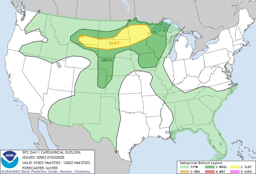 NWSSPC's tweet image. 8:00pm CDT #SPC Day1 Outlook Slight Risk: across the northern Plains to Upper Midwest spc.noaa.gov/products/outlo…
