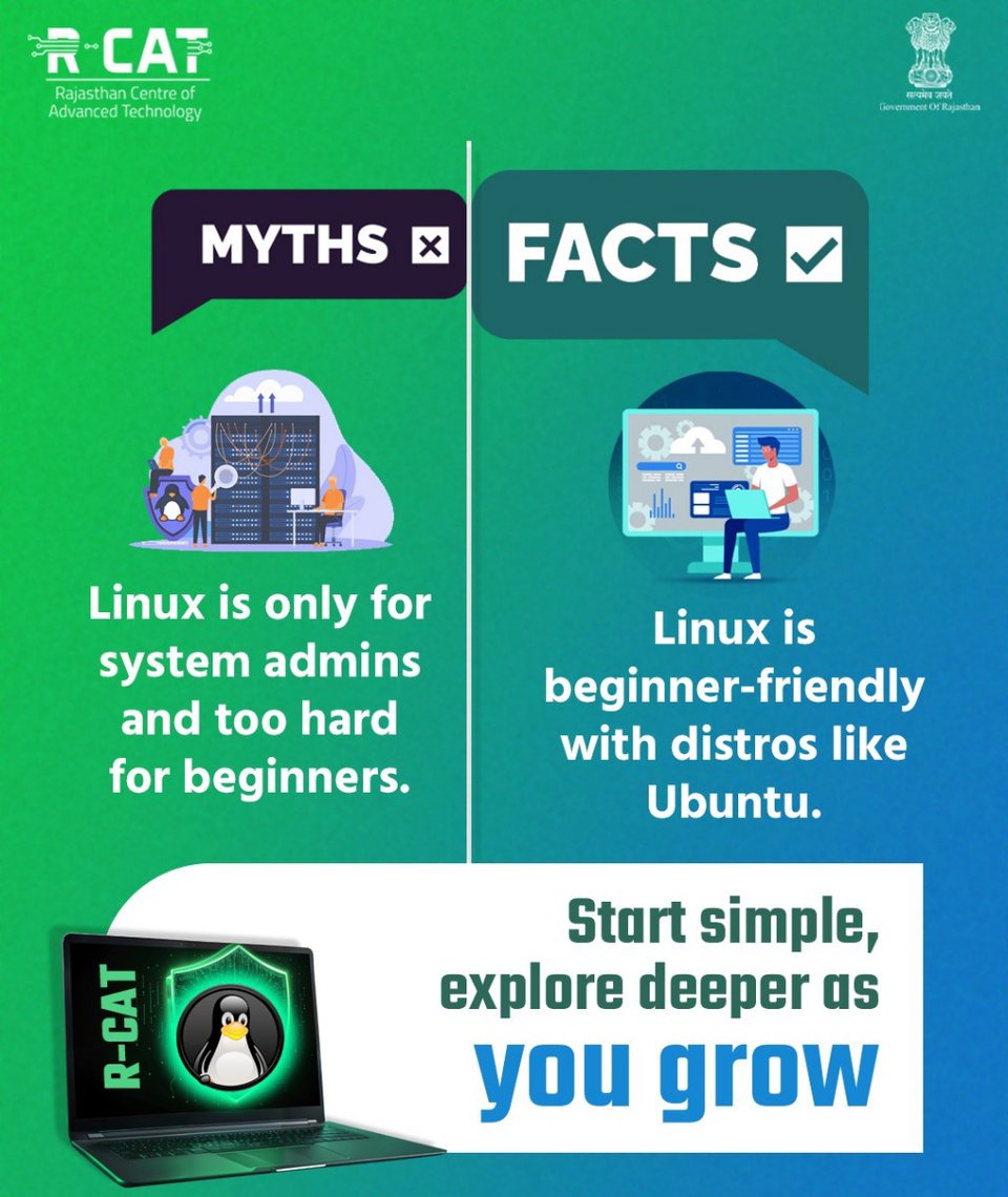 rcat_raj's tweet image. Linux isn’t just for tech experts. Start with user-friendly versions, learn at your own pace and grow your skills step by step.
#LinuxLearning #MythVsFact #TechSkills #DigitalRajasthan #RCAT