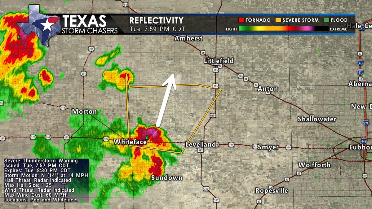 TxStormChasers's tweet image. 🕗 7:59 PM CDT
Severe Thunderstorm Warning until 8:30 PM for parts of Bailey and Hockley Counties in northwest Texas.
A strong storm near Whiteface, moving north at 15 MPH, is producing:
Wind gusts up to 60 MPH
Hail up to 1.25 inches (half-dollar size)
Threats include hail…