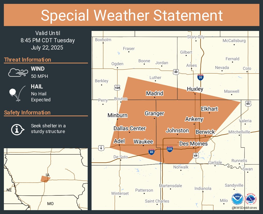 NWSDesMoines's tweet image. A special weather statement has been issued for Des Moines IA, West Des Moines IA and Ankeny IA until 8:45 PM CDT