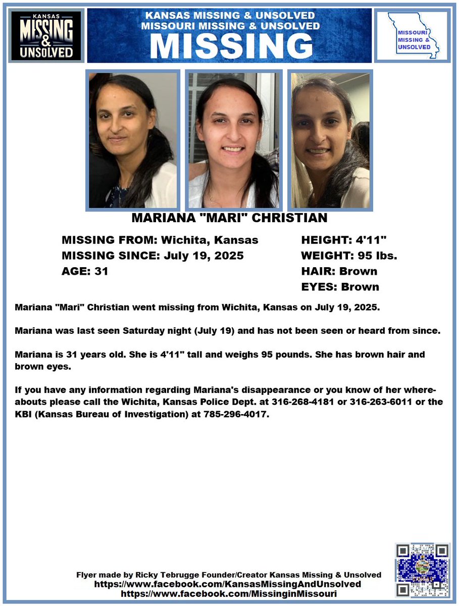 KansasMissing's tweet image. #MISSINGPERSON #MISSING PLEASE SHARE/PRINT/POST!!! MARIANA "MARI" CHRISTIAN (WICHITA, KANSAS)!!!
@AnnetteLawless #KansasMissing #MissingInKS #MissingInKansas #WichitaKS