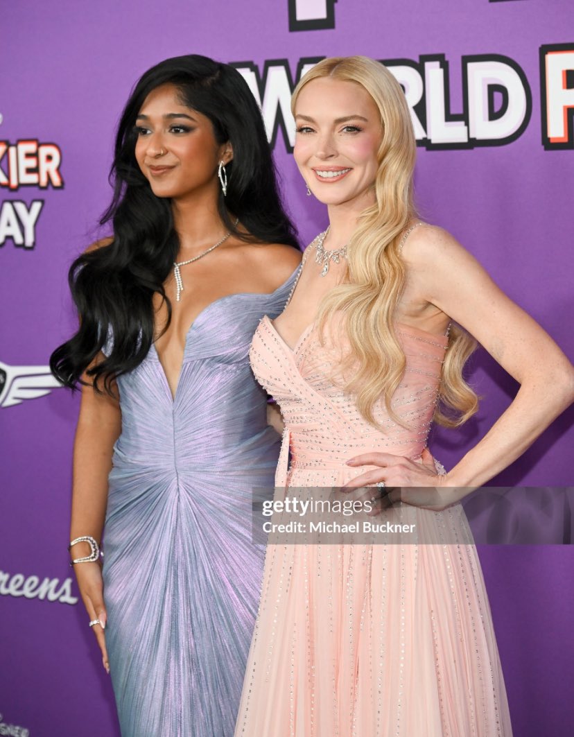 MaitreyiNews's tweet image. maitreyi ramakrishnan with lindsay lohan for freakier friday premiere &lt;3