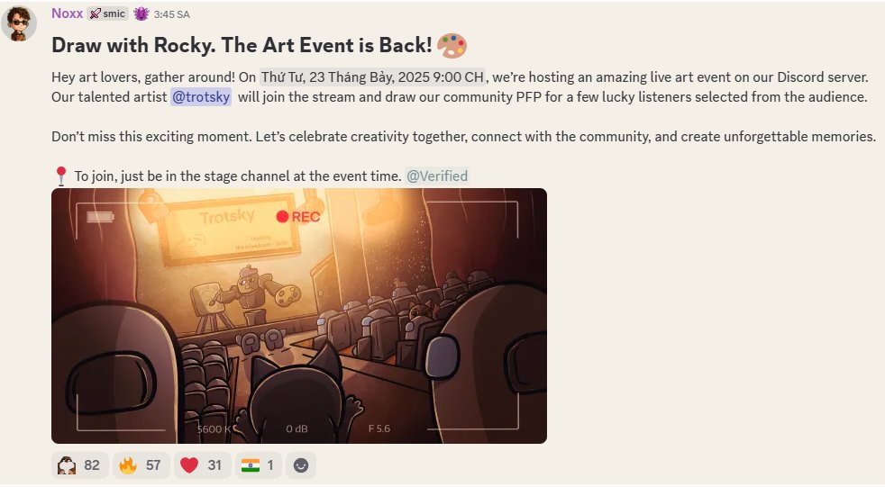 BaTrinh99's tweet image. 🎨 DRAW WITH ROCKY – THE ART EVENT IS BACK! 🌟
One of the most beloved activities of the Seismic community is officially back! On Wednesday, July 23, 2025 at 9:00 PM (Vietnam time), our community will gather on Discord to participate in the live drawing event Draw with Rocky –…