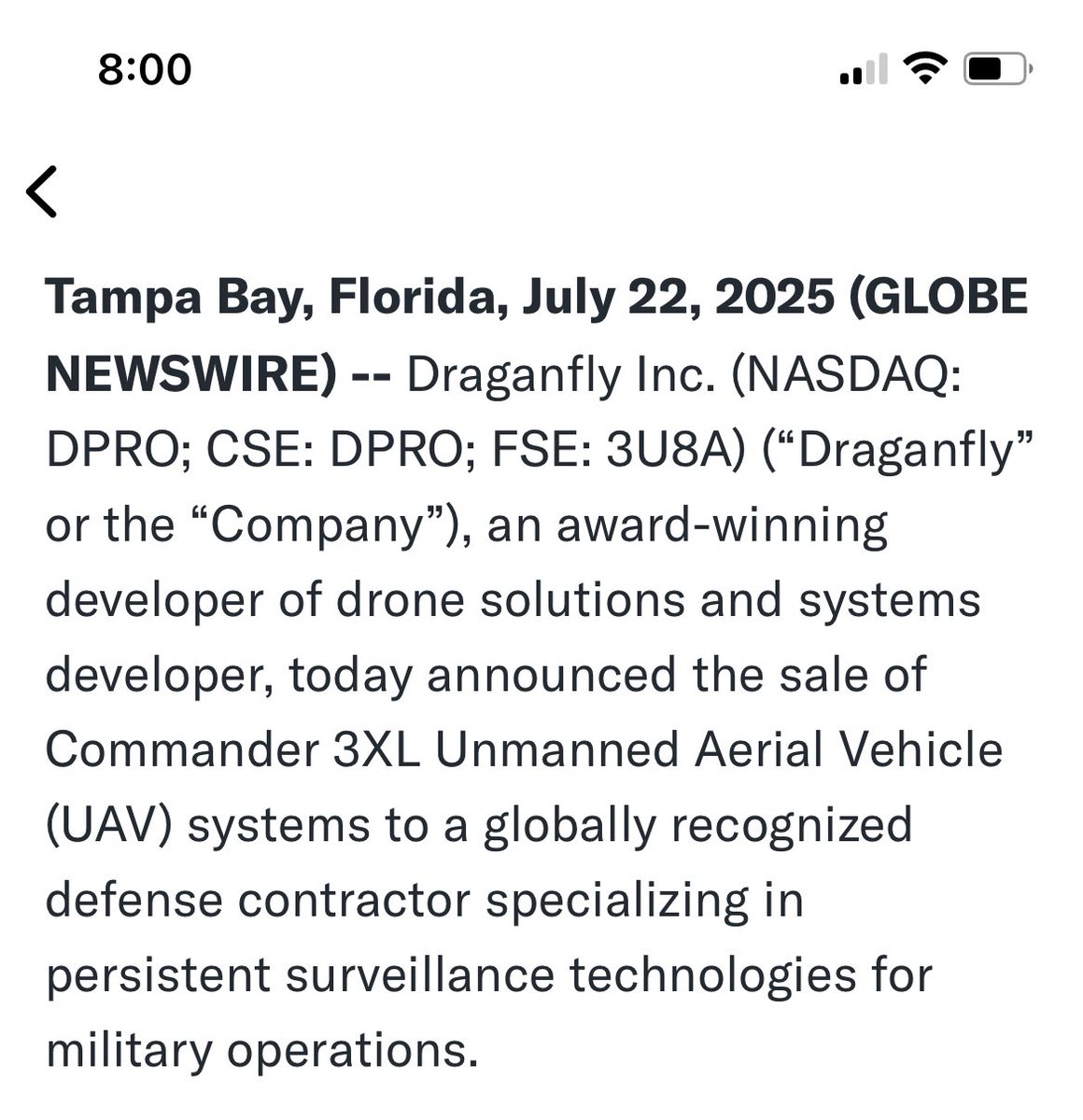 DaranBrown's tweet image. I think I’m the inverse of the market on this $DPRO News. 

This is likely a contractor who works across multiple countries militaries. I expect this news will be a leading indicator for future sales. I bought on the news and am hoping for $11/share by 2026.