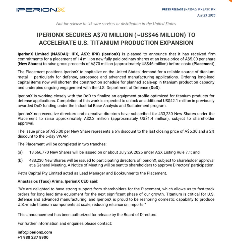 LithiumIonBull's tweet image. Congrats Taso Arima and entire ⁦⁦@iperionx⁩ on another strong placement with insider participation and very tight discount. 

Existing DoD relationship + 🇺🇸 military vulnerability for titanium metal 👉 future $MP-type partnership?

$IPX $IPX.AX
