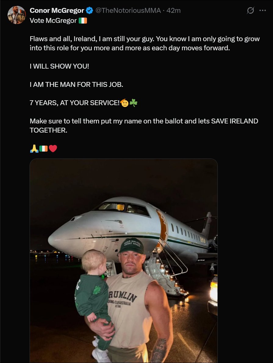 Robbie_Reasons's tweet image. Connor McGregor throws his hat in the ring.
I believe he could save Ireland if the people unite behind him.
What do you think?