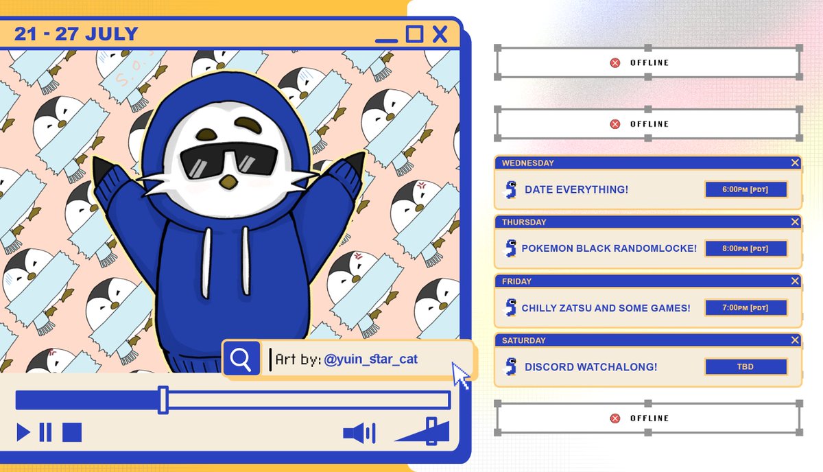 PengieVT's tweet image. 🧊STREAM SCHEDULE🧊
BANGER WEEK INCOMING!🐧💙
Are we dating everything this week? Will I finally get a PengBaddie? And finally—the Pokémon League... and more!😎
Let's have fun this week!💙
🎨: #PengiePalette
🔴: #Pengietime
🐧: #Penglins