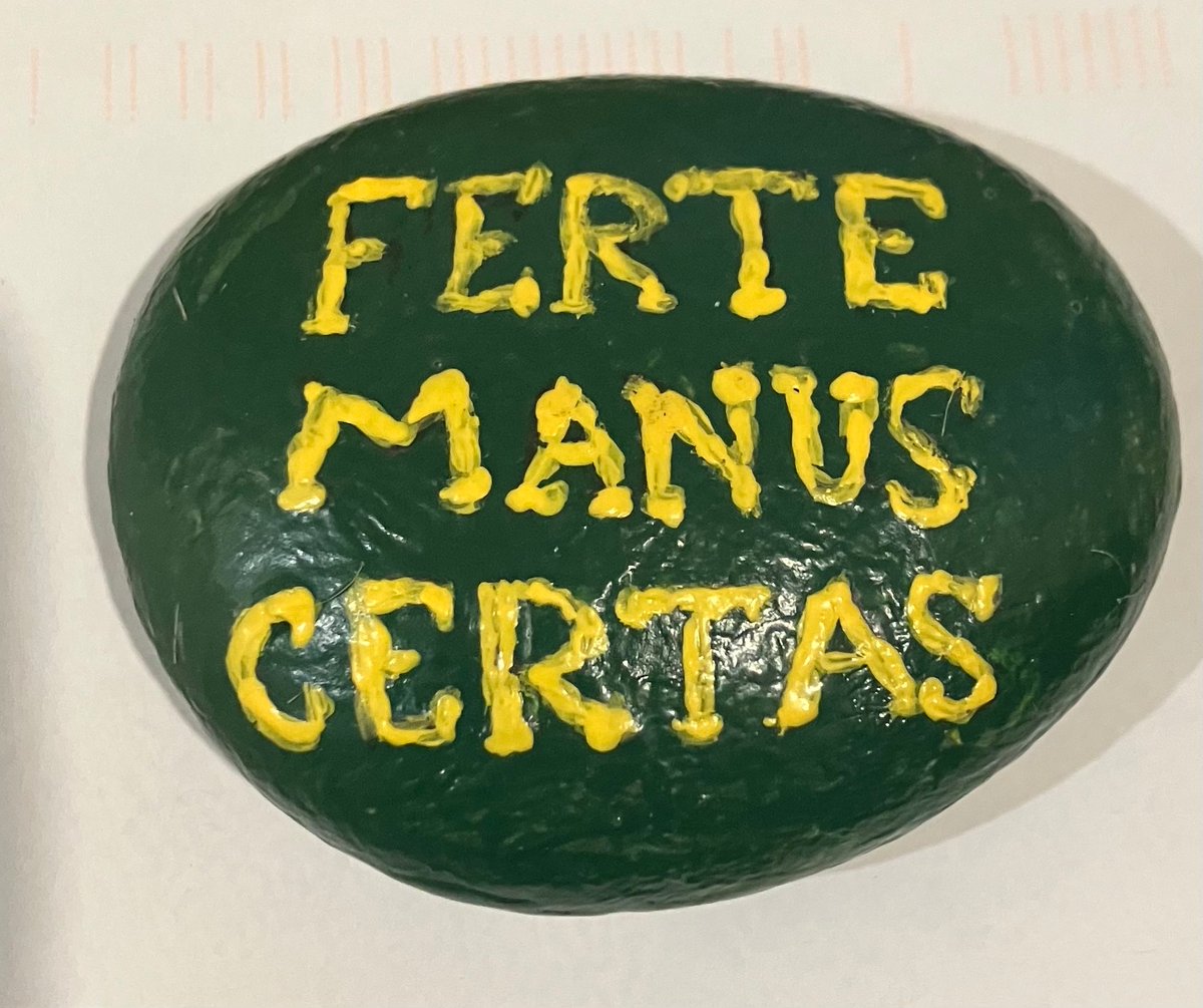 drdavidpalma's tweet image. A gift from a patient today. It’s a painted rock with the slogan from his airborne division. He says it would be a good slogan for #radonc too.
“Strike with a sure hand” ⚡️⚡️⚡️