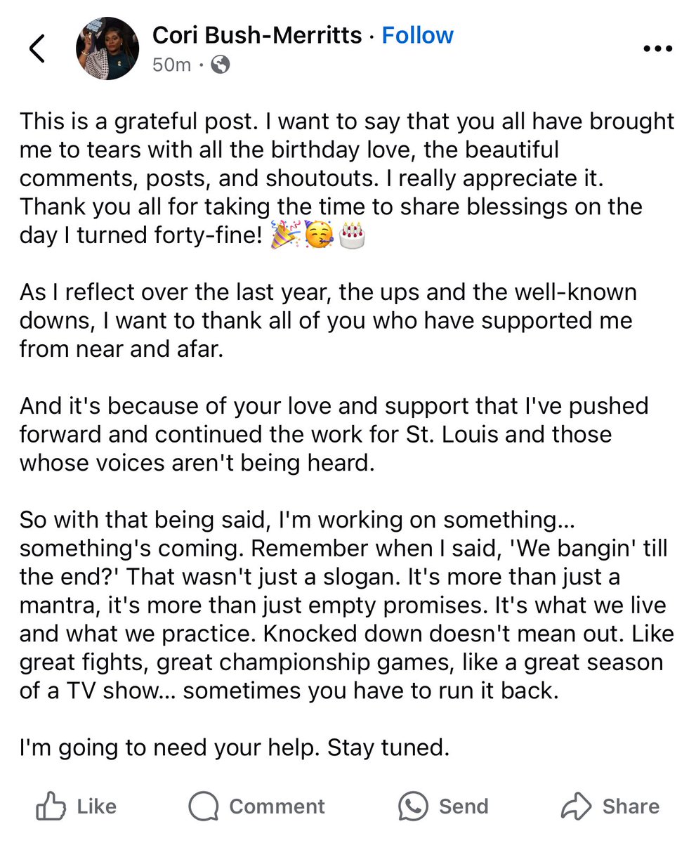 MarkMaxwellTV's tweet image. “I’m working on something,” ex-Rep @CoriBush says. “Remember when I said, 'We bangin' till the end?' That wasn't just a slogan…
“Knocked down doesn't mean out. Like great fights, great championship games, like a great season of a TV show… sometimes you have to run it back.”