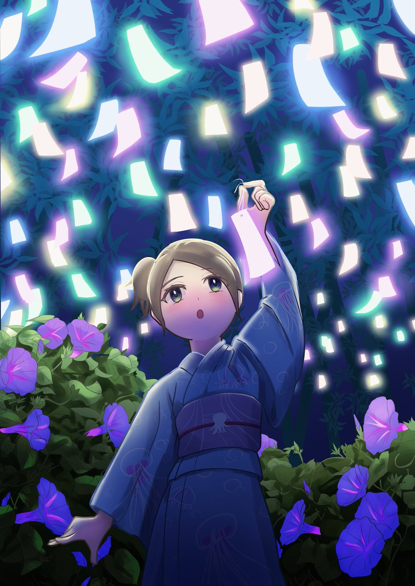 KSpica_i's tweet image. 7月のお題チャレンジ（七夕、朝顔、海）オリジナル絵
#オリジナル