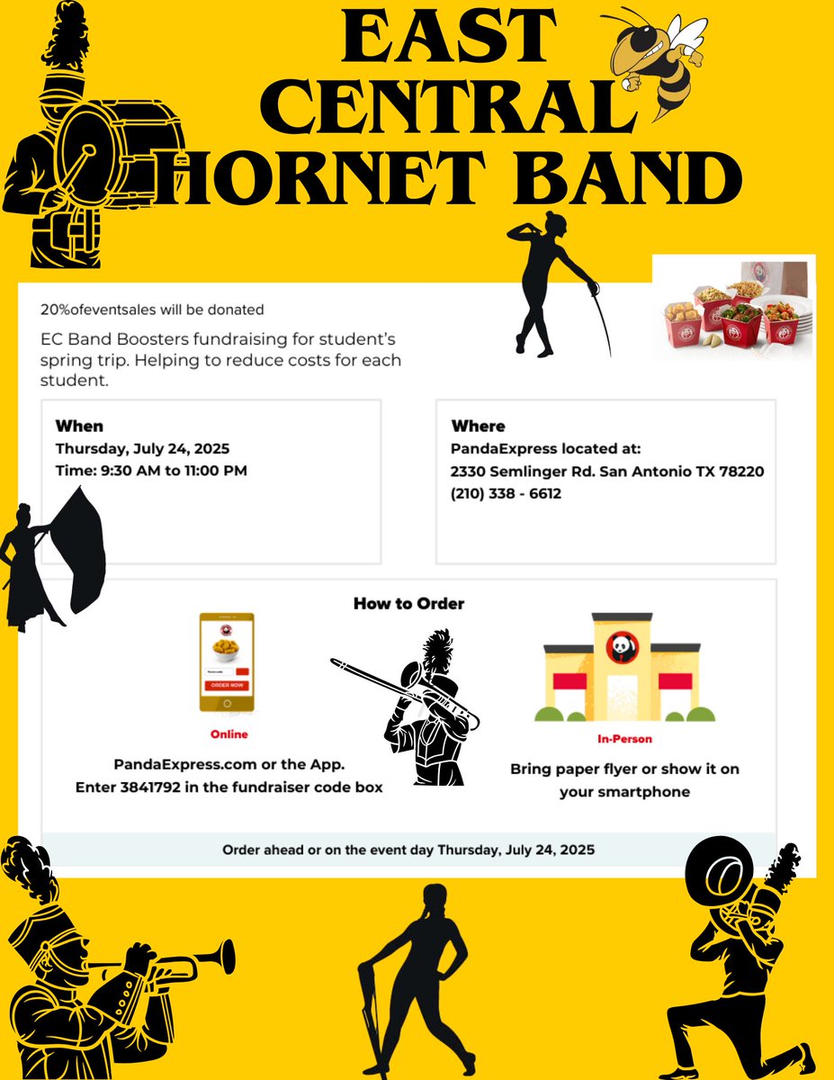 Support East Central High School Band and Color Guard! 

📍 Panda Express – 2330 Semlinger Rd., San Antonio, TX
📅 Thursday, July 24, 2025
🕘 9:30 AM – 11:00 PM

Mention the fundraiser when you order to help the ECHS raise funds for the students!

#SupportECHSBand #SanAntonio