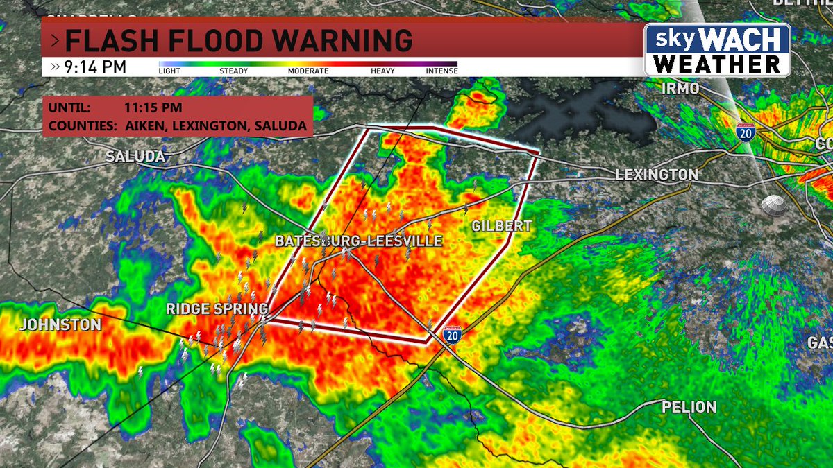 TKanost's tweet image. A Flash Flood Warning is in effect for Aiken, Lexington and Saluda Counties until 11:15 pm. #scwx