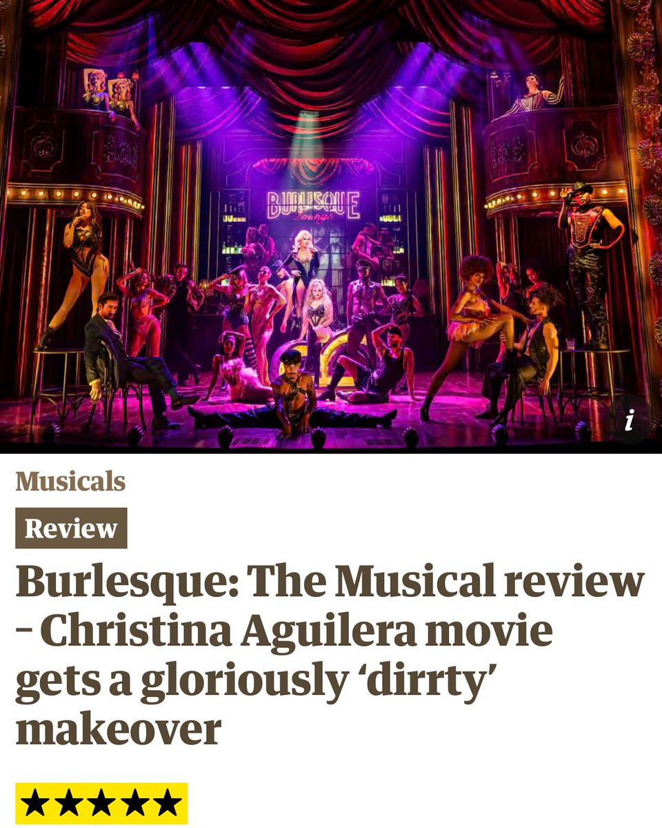 XtinaHQ's tweet image. First review is in! The Guardian gives Burlesque the Musical 5 stars after its premiere at London’s Savoy Theatre. ⭐⭐⭐⭐⭐
