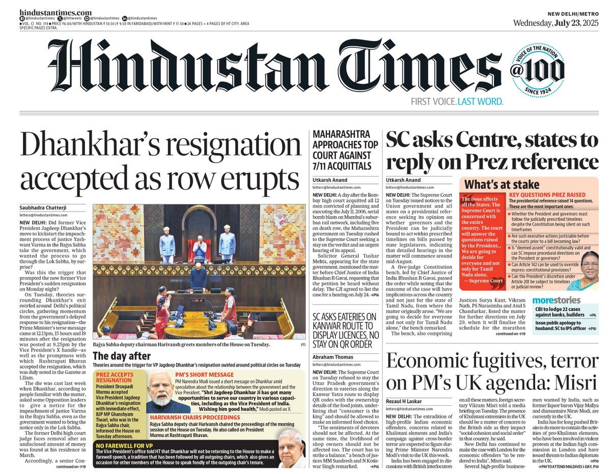 HindustanTimes's tweet image. ▶ Dhankhar’s resignation accepted as row erupts
▶ SC asks Centre, states to reply on Prez reference
Read more in today's Hindustan Times print edition: epaper.hindustantimes.com
Subscribe bit.ly/2QAOH22