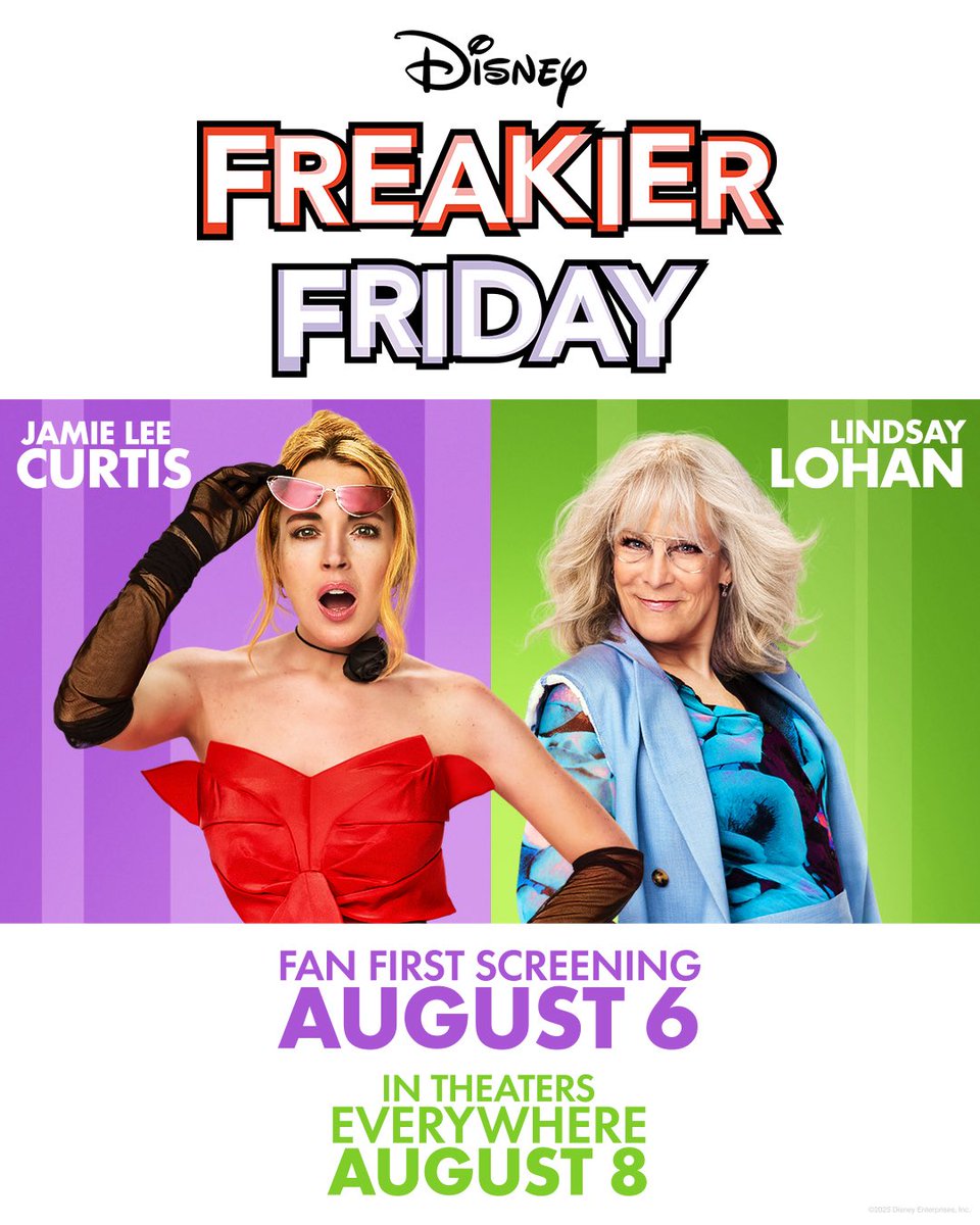 AlamoDC's tweet image. The switch is back. Be one of the first to see Jamie Lee Curtis and Lindsay Lohan in Disney’s #FreakierFriday at our Fan First Screening on August 6th. Plus, take home an exclusive friendship bracelet set while supplies last. Tickets on sale now.
🎟️: drafthouse.com/show/freakier-…