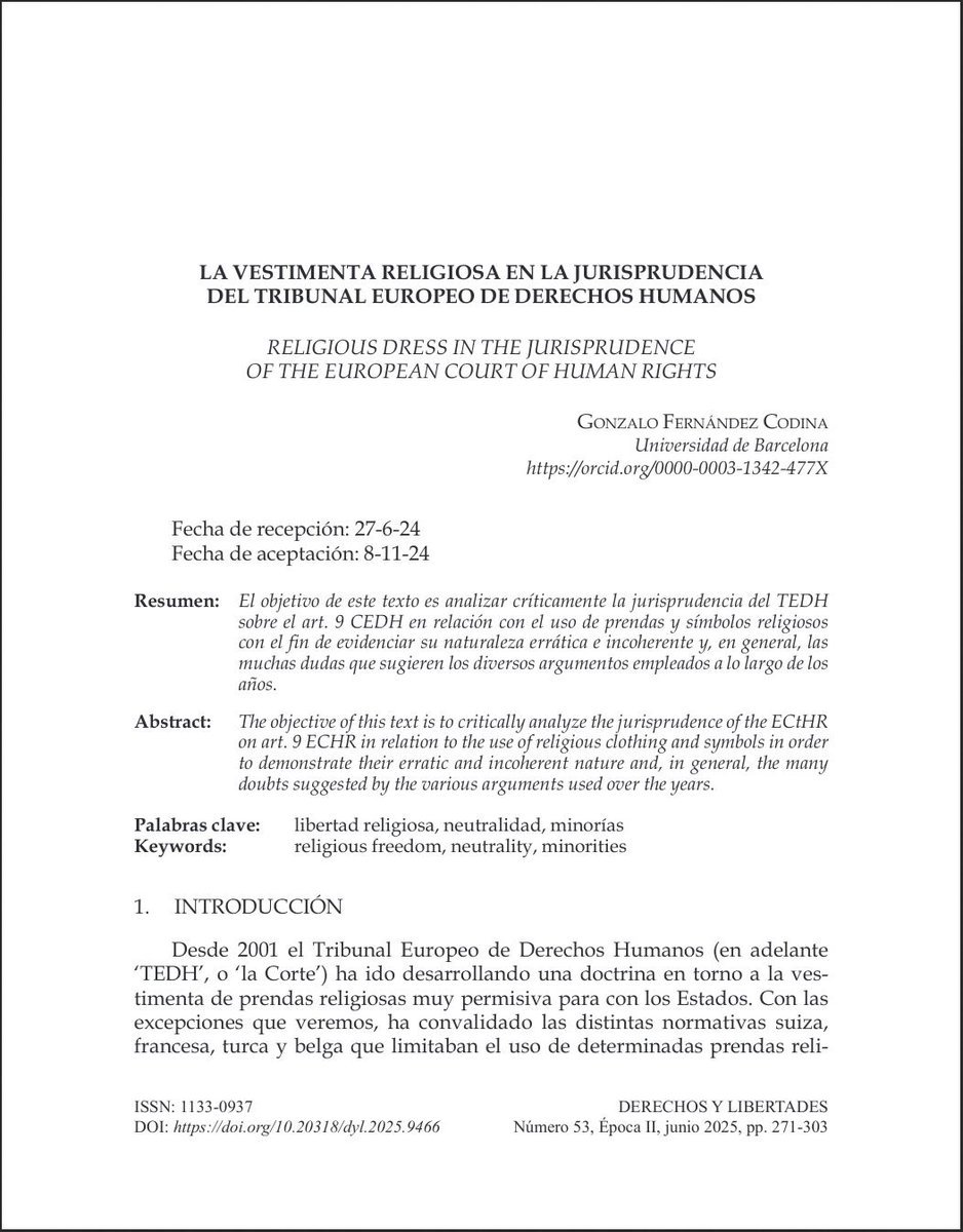 📘 #RevistaDerechosyLibertades Nº 53 (2025) <a href="/idhbc_uc3m/">Derechos Humanos (IDHPB)</a> <a href="/uc3m/">UC3M</a> <a href="/dykinsonlibros/">Librería - Editorial Dykinson 📚</a>

📣 Hoy en la sección #Artículos ✍🏼 “La vestimenta religiosa en la jurisprudencia del Tribunal Europeo de Derechos Humanos” de #GonzaloFernándezCodina

⬇️ ¡Léelo aquí! ⬇️
🔗 doi.org/10.20318/dyl.2…