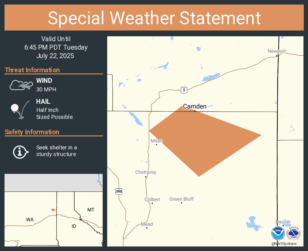 NWSSpokane's tweet image. A special weather statement has been issued for Camden WA until 6:45 PM PDT