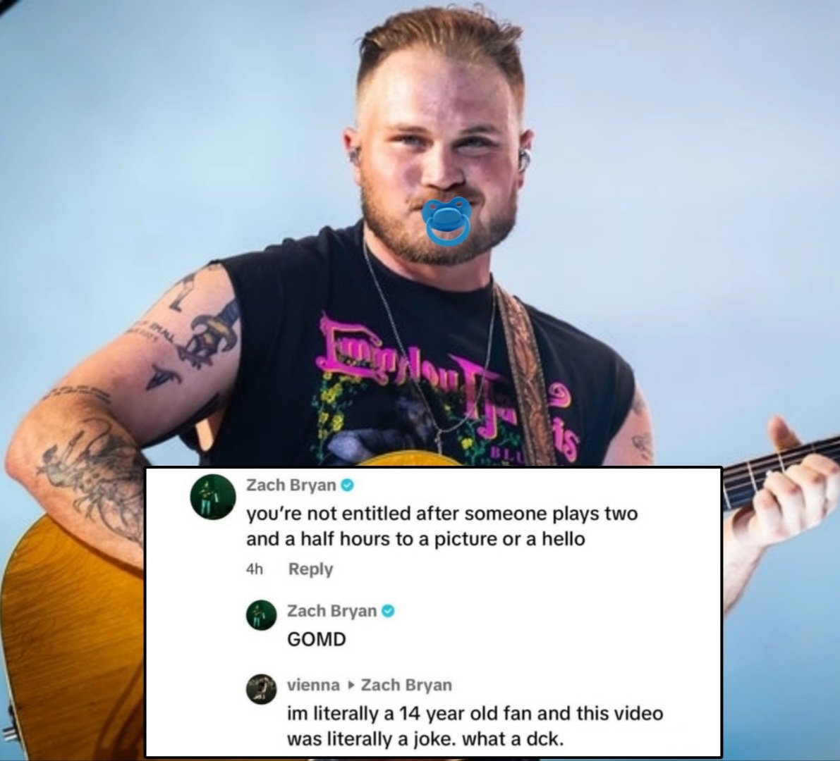 ACMC_Country's tweet image. Grown man Zach Bryan tells 14 year old fan to "GOMD" cause they made a video about waiting 4 hours for a picture with him. 🤔