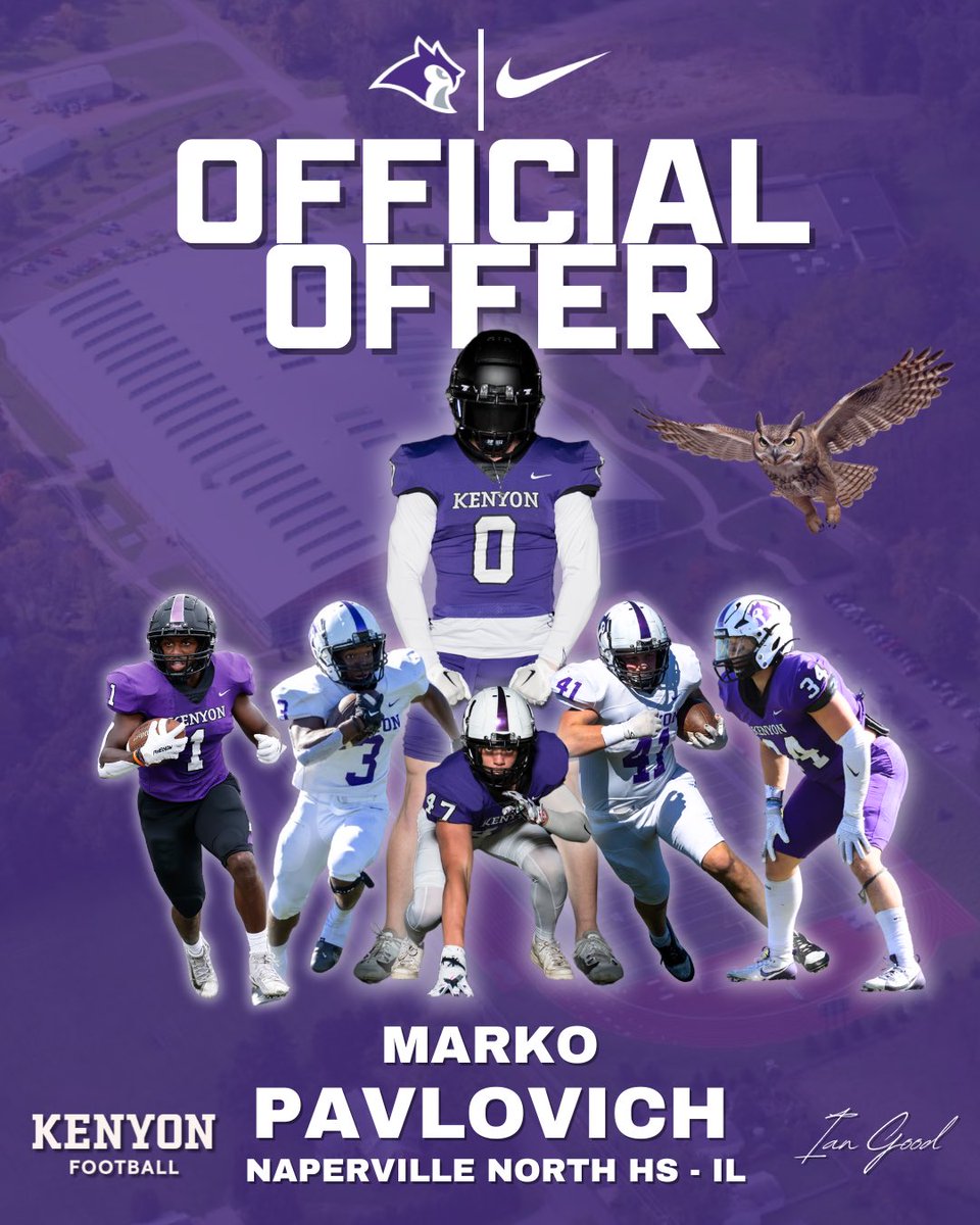 Markopavlovich4's tweet image. After a meeting with Coach @IanMGood I am excited to receive an offer of support through the admissions process from @KenyonFootball
@HuskieFB @Coach_Arthurs90 @EDGYTIM @DeepDishFB @CoachBigPete @PrepRedzoneIL @gobigrecruiting