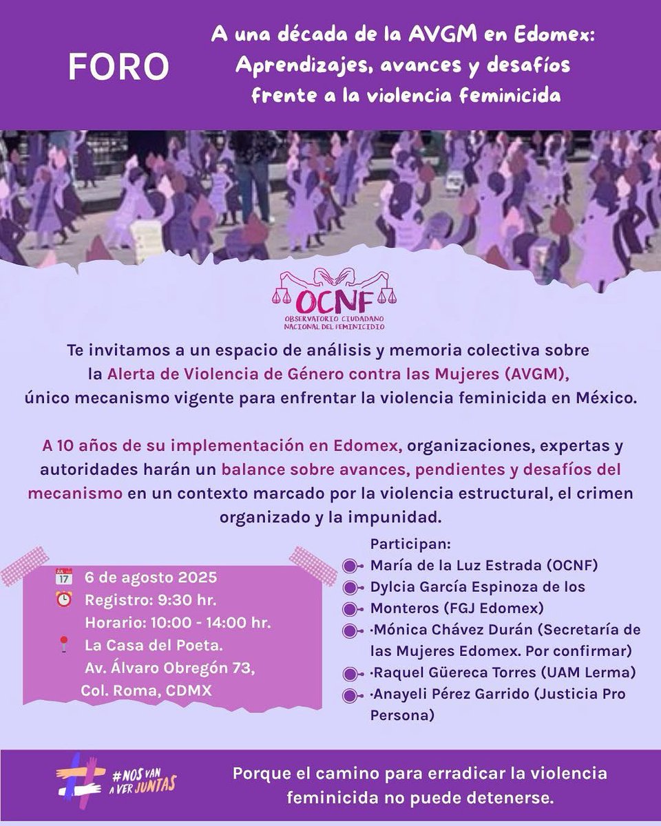 🟣 ¡Te invitamos al foro!
"A una década de la AVGM en Edomex: Aprendizajes, avances y desafíos frente a la violencia feminicida"

📝 Regístrate aquí: forms.gle/jJbw8rwjznp9jj…

#NosVanAVerJuntas #AVGM #ViolenciaFeminicida #Edomex