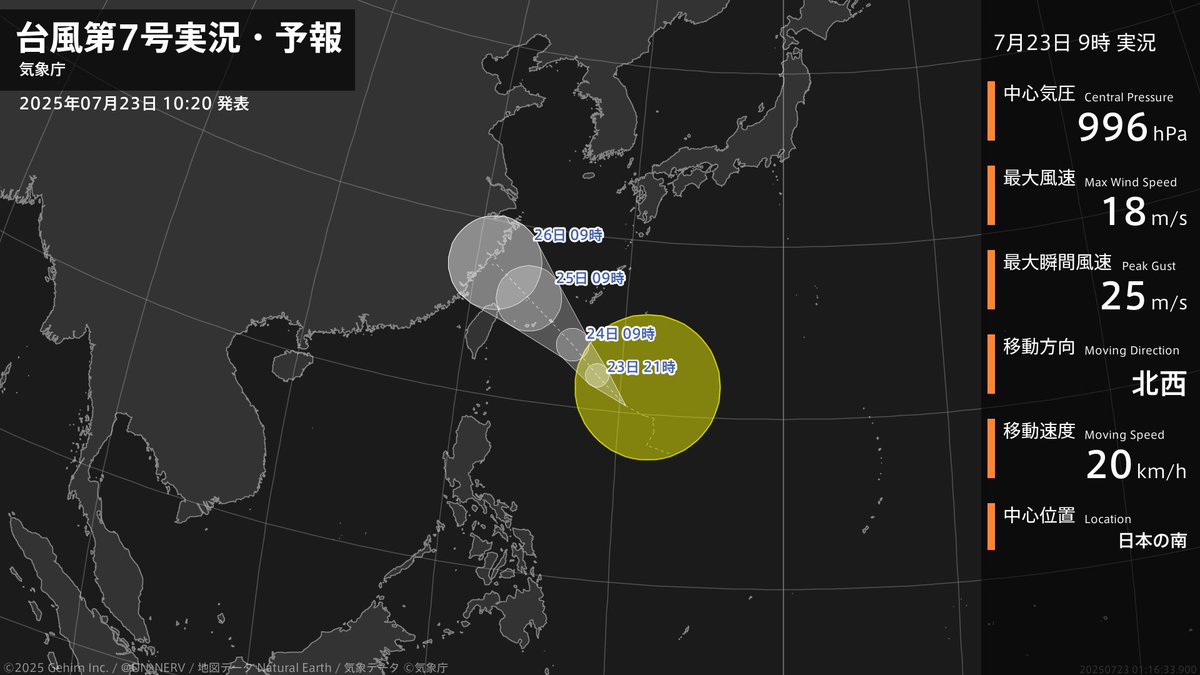 UN_NERV's tweet photo. 【台風第7号実況・予報 2025年07月23日 10:16】
台風第7号（フランシスコ）が発生しました。 https://t.co/uN95Z55TJs