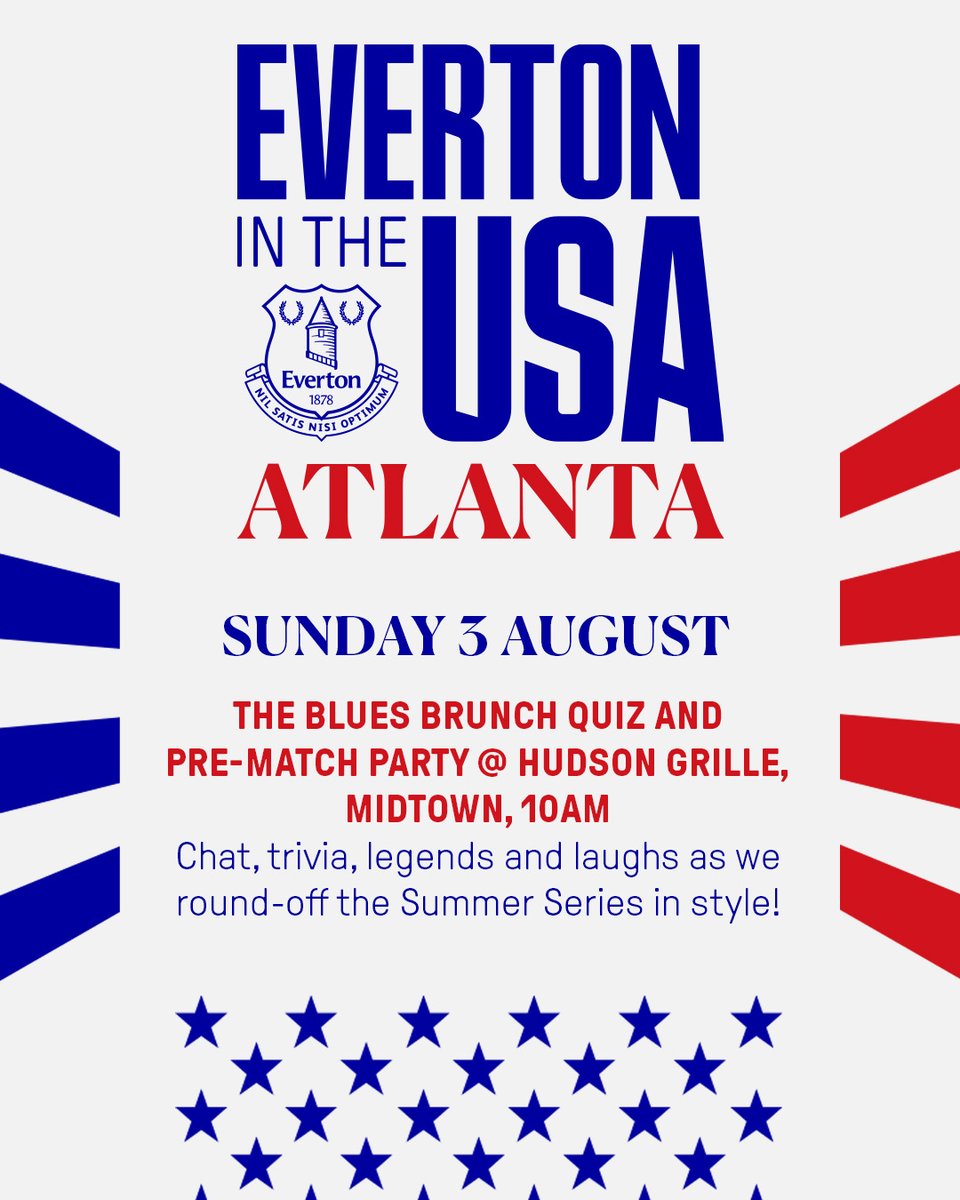 Soccer Down Here (@soccerdownhere) on Twitter photo Cool event for <a href="/EvertonUSA/">Everton USA - #AllTogetherNow</a> fans in Atlanta ahead of the Premier League Summer Series doubleheader at the Benz. Check it out and sign up to participate in the quiz at:
evertonfc.tfaforms.net/1734 Cool event for <a href="/EvertonUSA/">Everton USA - #AllTogetherNow</a> fans in Atlanta ahead of the Premier League Summer Series doubleheader at the Benz. Check it out and sign up to participate in the quiz at:
evertonfc.tfaforms.net/1734