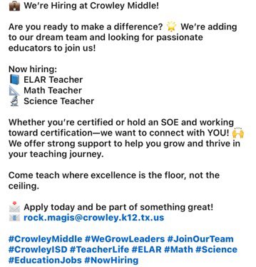 William T. Ealy (@ealy_daeducator) on Twitter photo If your looking for a great team to join… email your resume to <a href="/Dr_RockMagis/">Dr. Rock Magis</a> at rock.magis@crowley.k12.tx.edu #CrowleyMiddleSchool #Panthers If your looking for a great team to join… email your resume to <a href="/Dr_RockMagis/">Dr. Rock Magis</a> at rock.magis@crowley.k12.tx.edu #CrowleyMiddleSchool #Panthers