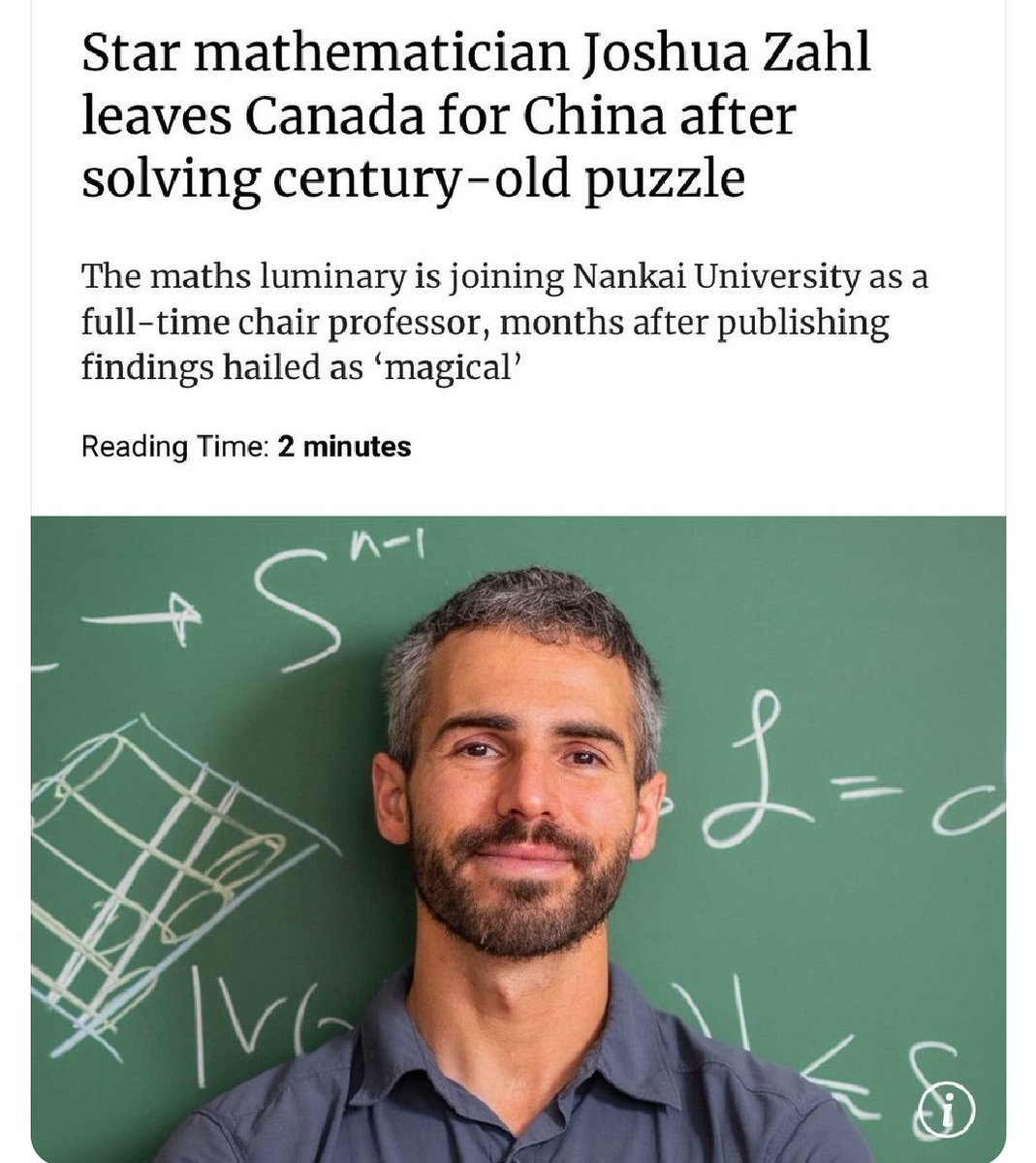 KirkLubimov's tweet image. Talking about braindrain...
Brilliant mathematician Joshua Zahl is leaving Canada for China.
Canada barely offers applicable execution for researchers and scientists.
Most of our post secondary institutions because diploma mills for student visa scams rather than innovating…