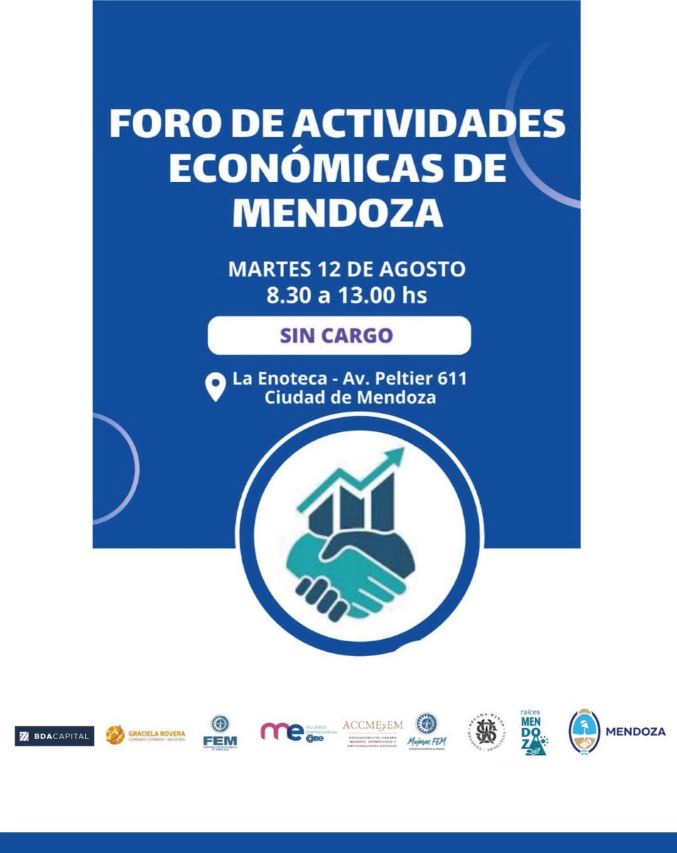 🗣️ “Foro de Actividades Económicas de Mendoza”

🗓 Martes 12 de agosto 

🕰08.30 a 13 Hs

📍 <a href="/LaEnoteca1902/">La Enoteca</a> 
Av. Peltier 611 -  Ciudad de Mendoza 

📌Inscripción: forms.gle/LXz7ncPEGT2TKo…

#MujeresFEM #MujeresCAME

<a href="/FEMPRENSA/">FEM</a> 
<a href="/redcame/">CAME</a> 
<a href="/CAMEMujeres/">Mujeres CAME</a> 
<a href="/MendozaGobierno/">Mendoza Gobierno</a>
