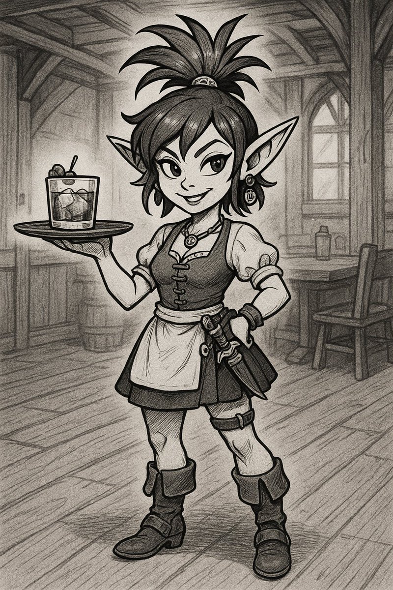 hexdemure's tweet image. A hard working Goblin barmaid, serving a cherry whiskey with ice. she is a former assassin but still ready if people get a little to grabby.