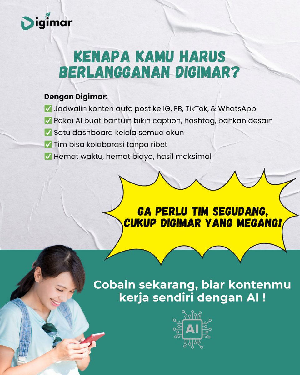DigimarID's tweet image. Capek ngurus konten tiap hari? 😩
Auto-post, caption AI, desain, sampai kerja tim bisa di-handle Digimar!
📲 Semua akun sosmed, 1 dashboard
⚡ Ga perlu tim segudang, cukup Digimar yang megang!
#Digimar #AIContentTool #KontenOtomatis #DigitalMarketingID