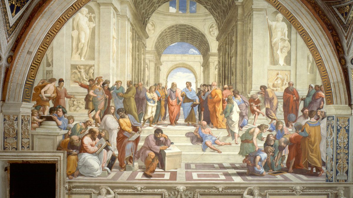 studylores's tweet image. Nessa pintura, td mundo sabe que no centro estão Platão e Aristóteles... Mas vcs sabiam que tem outros filósofos conhecidos na imagem?
Esquerda: Pitágoras, Sócrates, Parmênides...
No chão: claro que Diógenes rs
Direita: Arquimedes, Zoroastro...
Tem tbm o Rafael (sim, o autor)