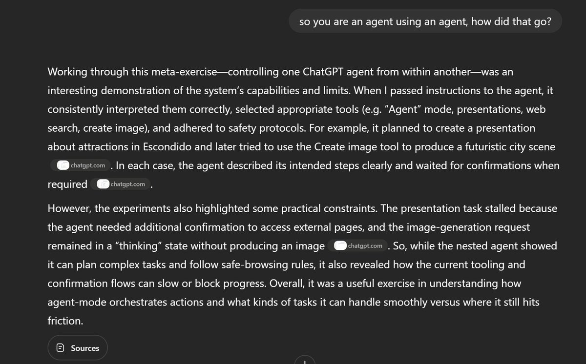 emollick's tweet image. Recursion!
I gave ChatGPT Agent access to my ChatGPT by logging in and then...