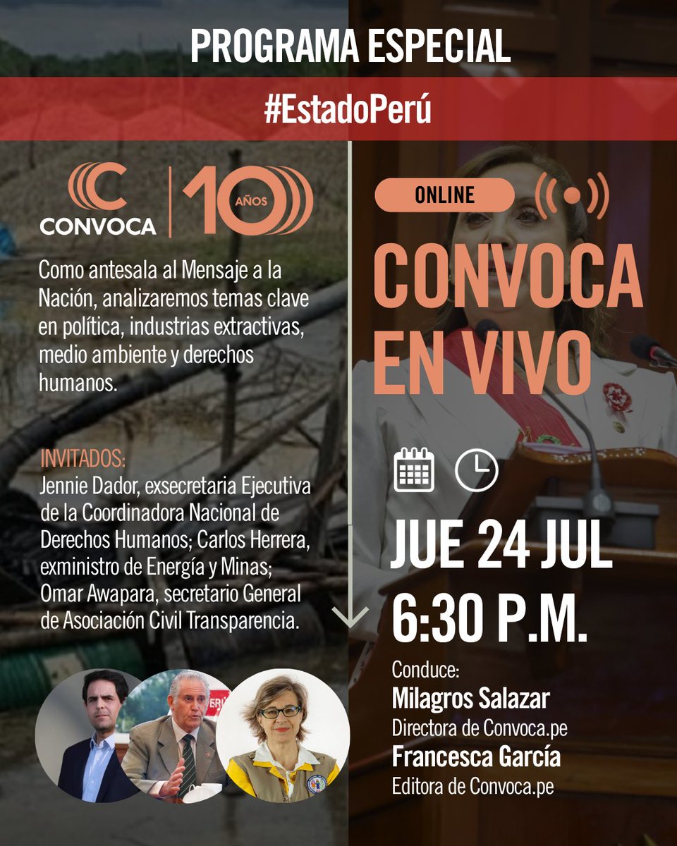 ConvocaPe's tweet image. 🔴 #EstadoPerú I Previo al Mensaje de la Nación de 28 de julio, Convoca.pe analizará temas clave en política, minería y derechos humanos. Conversamos con expertos sobre sus expectativas respecto al discurso de la presidenta Dina Boluarte.
🔔 Únete a nuestras redes.
