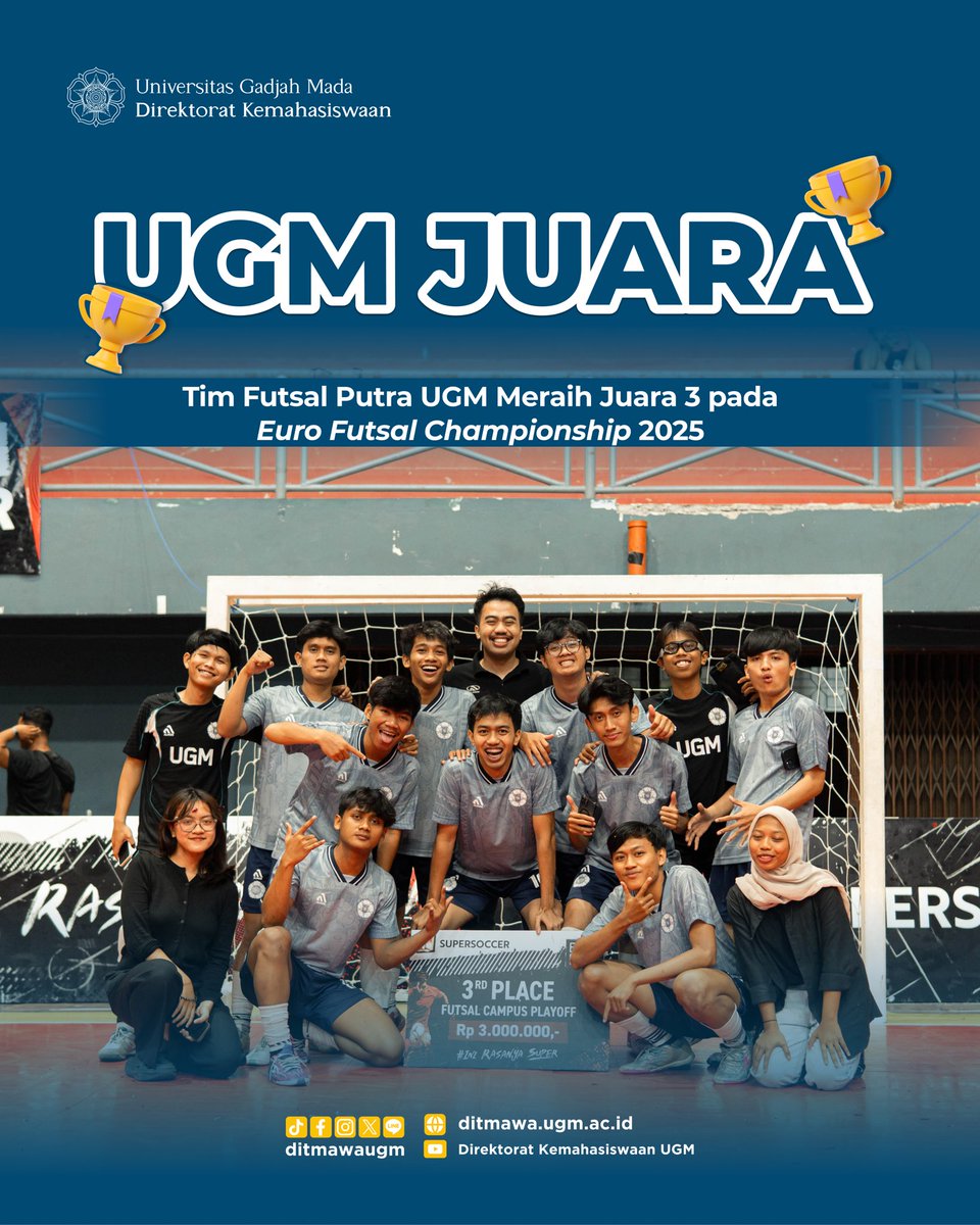 ditmawaugm's tweet image. Selamat kepada Tim Futsal UGM telah memperoleh Juara 3 pada Euro Futsal Championship ⚽
Tetap semangat pada final regional mendatang 🔥🔜