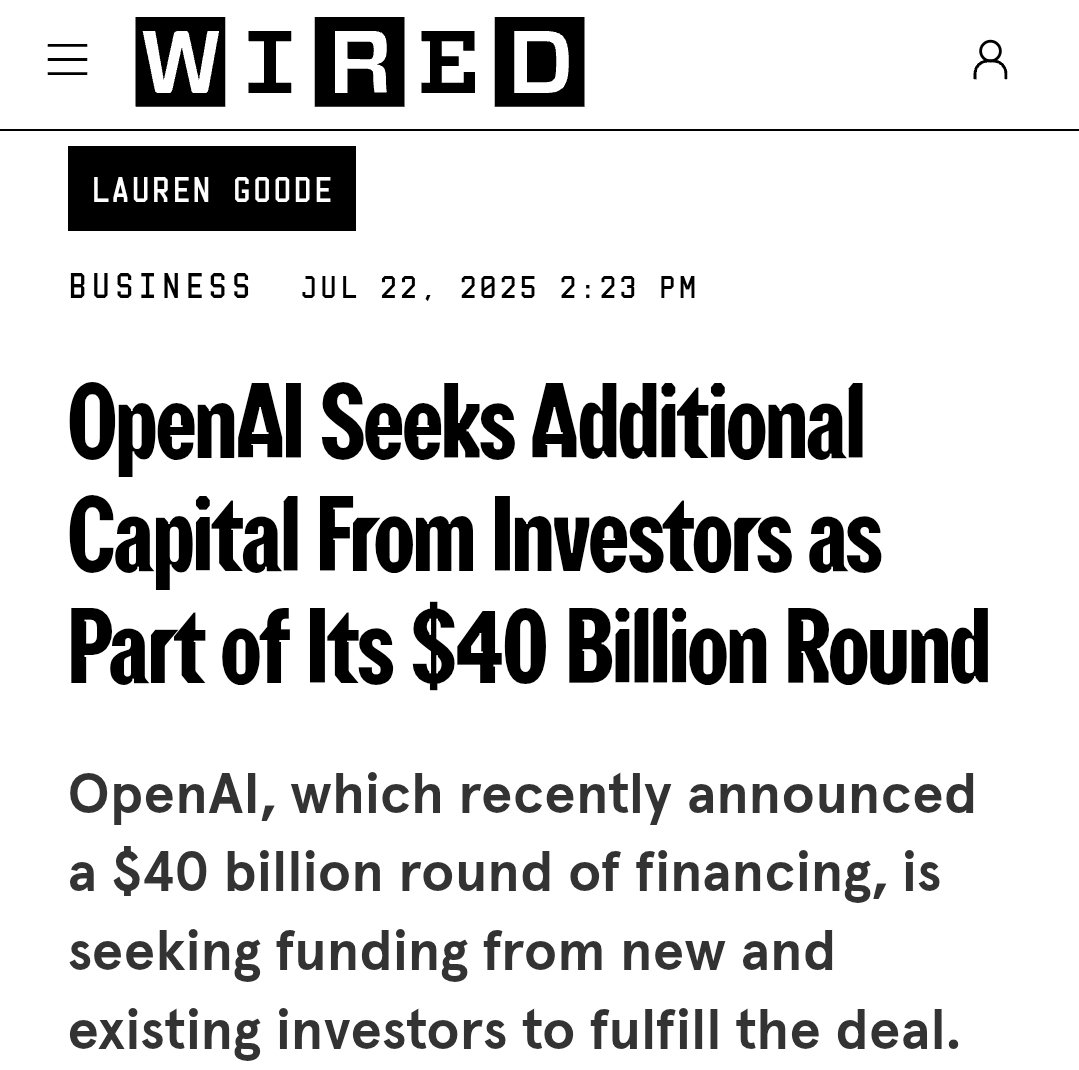 ai_for_success's tweet image. 🚨 OpenAI is reopening its $40B funding round on Monday, July 28, per WIRED sources.
New and existing investors are being approached again.
How much money does OpenAI need?