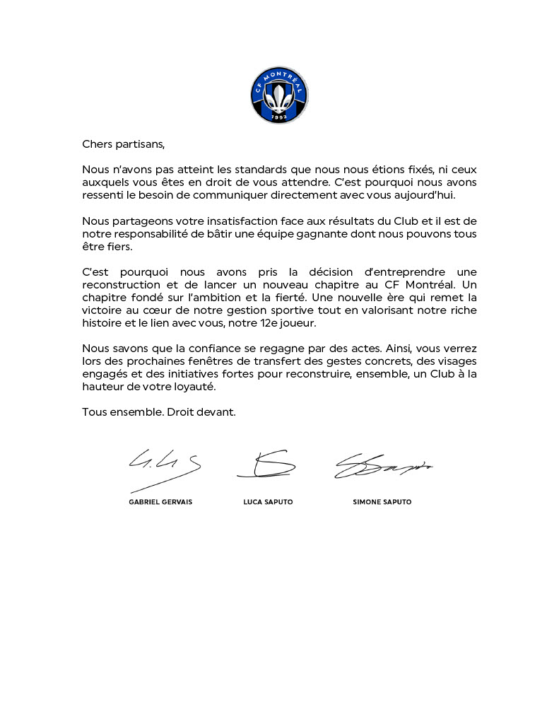 CF Montréal (@cfmontreal) on Twitter photo Lettre aux partisans de Gabriel, Luca et Simone.
#CFMTL Lettre aux partisans de Gabriel, Luca et Simone.
#CFMTL