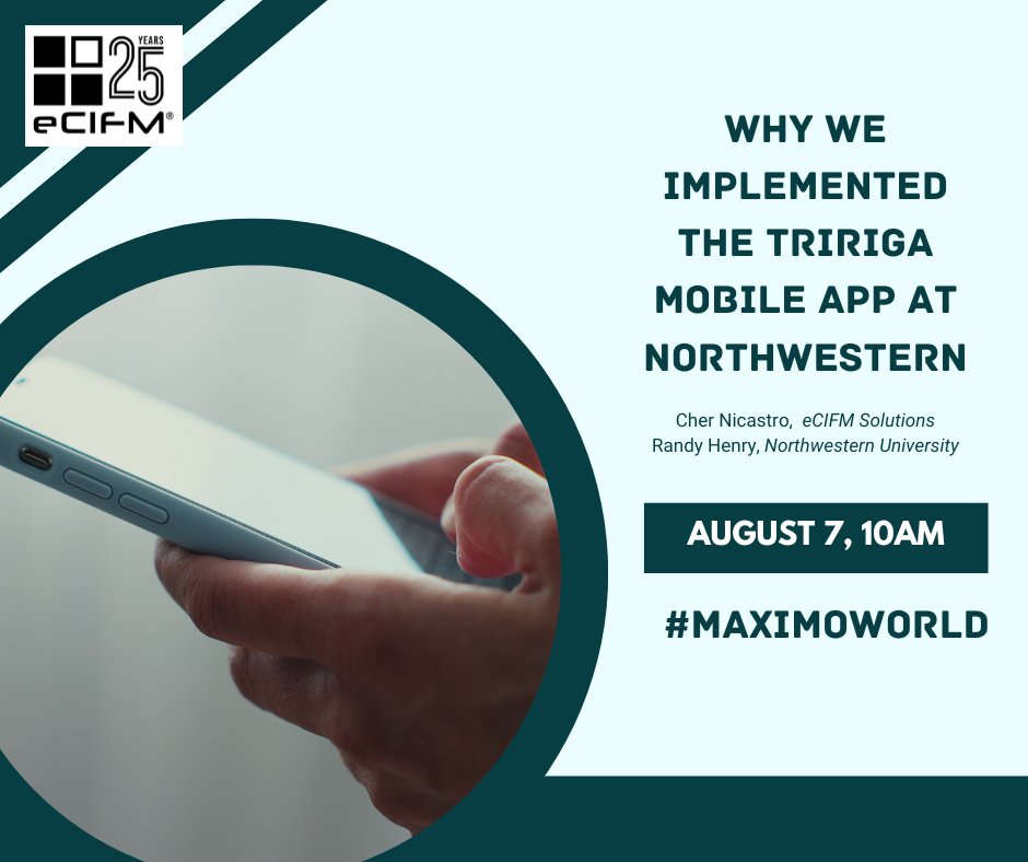 eCIFM_Solutions's tweet image. 📲 Why go mobile?

On August 7 at 10am, eCIFM&apos;s Cher Nicastro &amp;amp; Northwestern University share why TRIRIGA On The Go™ was the key to boosting efficiency and access for facility teams—anytime, anywhere.

Don’t miss it at #MaximoWorld.
➡️ hubs.li/Q03ypgpq0