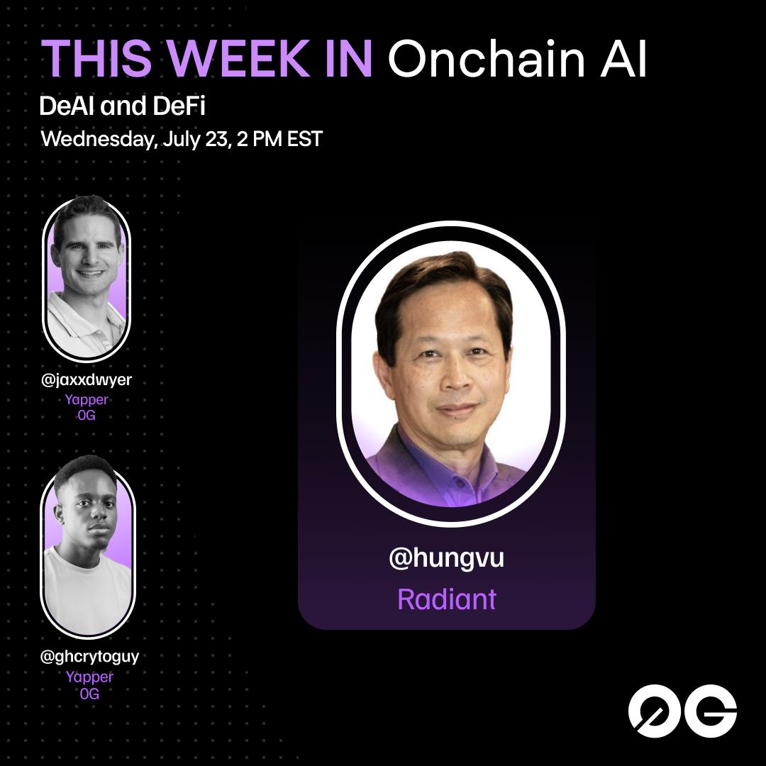 0G_labs's tweet image. This Week in Onchain AI returns tomorrow with @jaxxdwyer & @ghcryptoguy.
Joining us: @hungvu from @RDNTCapital to break down DeAI x DeFi.
Don’t miss it, set your reminder 👇
x.com/i/spaces/1djGX…