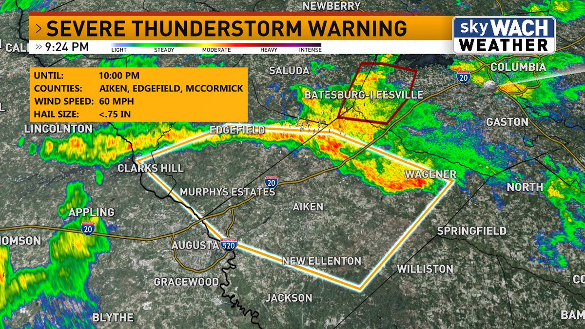 TKanost's tweet image. A Severe Thunderstorm Warning is in effect until 10:00 pm for Aiken, Edgefield and McCormick Counties. #scwx