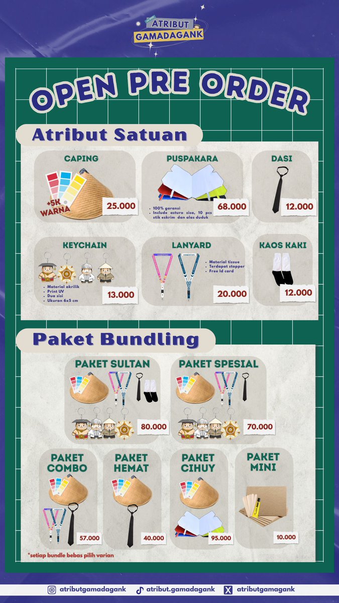 atributgamagank's tweet image. haloo, yang nyari bundling or satuan atribut pionir bisa banget liat katalog kitaa yaww tentunya murah 🔥🔥

✅ caping warna
✅ dasi hitam
✅ lanyard gemoy
✅ puspakara
✅ keychain lucu
✅ kaos kaki
order disinii yaaw bit.ly/FormPemesananA…
#zonauang #pionirugm #gamada25
